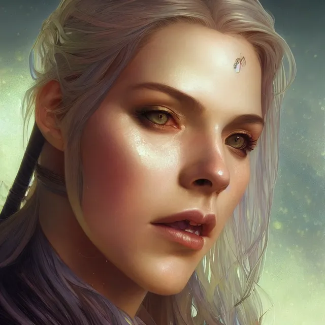 Image similar to close up portrait of a beautiful female witcher, shiny, glowing hair, subsurface scattering, artistic, magical background with light rays, fantasy atmosphere. art by artgerm, greg rutkowski and alphonse mucha, highly detailed, intricate, lifelike. sci - fi, fantasy, magical, octane render,