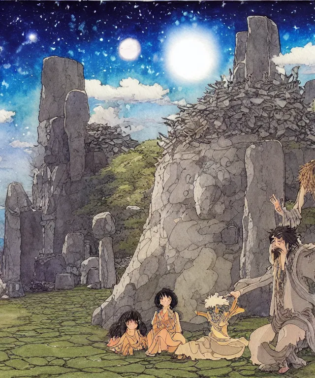 Prompt: a hyperrealist studio ghibli watercolor fantasy concept art. in the foreground is a giant long haired grey warlock sitting in lotus position on top of stonehenge with shooting stars all over the sky in the background. by rebecca guay, michael kaluta, charles vess