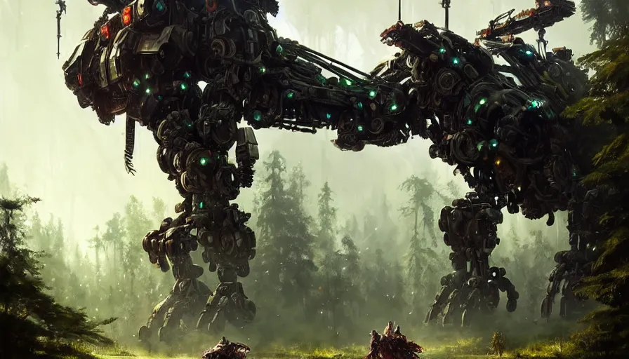 Prompt: walking mech covered in chrome armor, large shapes, horizon zero dawn aesthetic, covered in moss and birds, many large glowing lights, beautiful forests and trees, utopian landscape, bright sunlight, cinematic, concept art, art by WLOP and artgerm and greg rutkowski, trending on artstation, masterpiece.