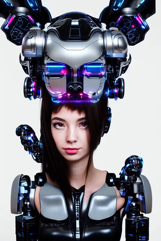 Image similar to cybernetic high tech catgirl with a cybercat on her head, sci - fi, cyberpunk, futurism, exoskeleton, strong artificial intelligence, symmetry, cinematic, elegant, luxury, professional studio light, perfect composition, dlsr photography, sharp focus, 8 k, ultra hd, sense of awe, highly detailed, hyper realistic, intricate, science journal cover