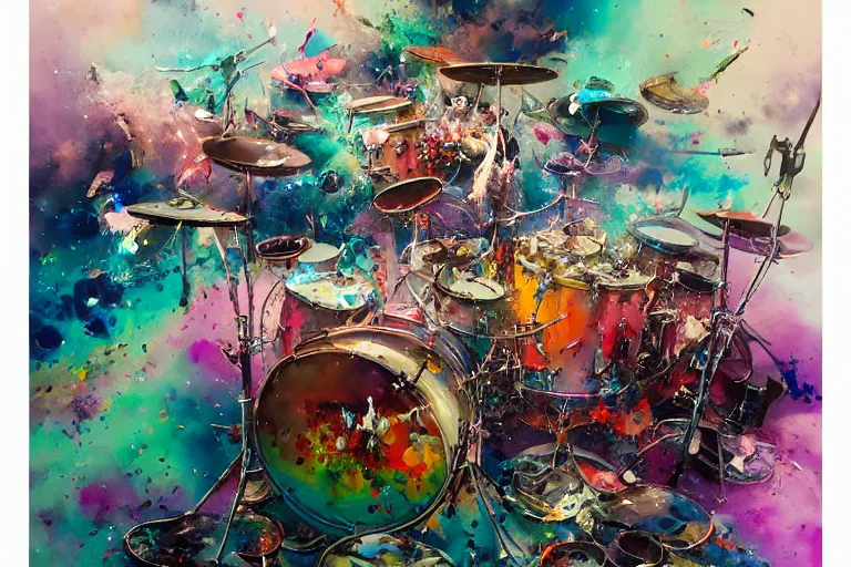 Image similar to a splattered action painting showing a drumset, ultradetailed, fine art painting, peter mohrbacher, moebius, drumset, frottage, watercolor, acrylic, multilayered paint, spectacular splatter explosion, psychedelic art