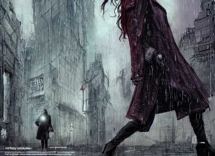 Prompt: young female detective long tailored overcoat, dress, combat boots, in a dark city in the rain, surreal, comic book, low angle, wide angle, concept art by enki bilal, sam kieth, shinji aramaki, greg rutkowksi, andrew ferez