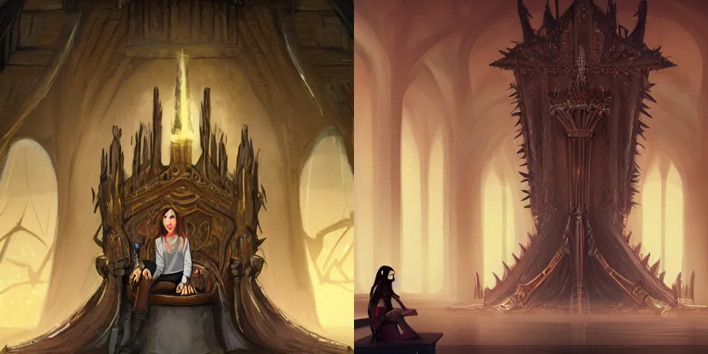 Prompt: painting of a fantasy huge throne room with a teenage girl with brown hair wearing ragged modern shirt and jeans pants sitting in a tall spikey throne in a huge castle room, lightshafts and foggy atmosphere, digital art, trending on Artstation