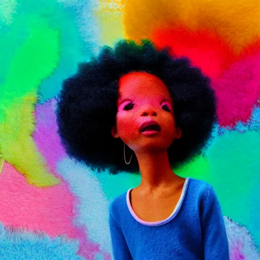 Image similar to a black girl with a colorful afro and rainbow eyes doing ballet, bright colours, bokeh!! watercolor, volumetric wool felting, macro photography, children illustration, by goro fujita