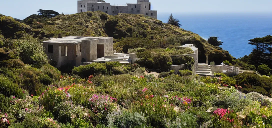 Prompt: castle designed by renzo piano overlooking big sur. landscape design by gertrude jekyll.