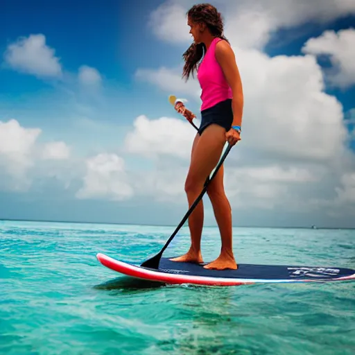 Prompt: a woman on a standup paddle board in the Maldives with a coconut drink, photo realistic, 8k