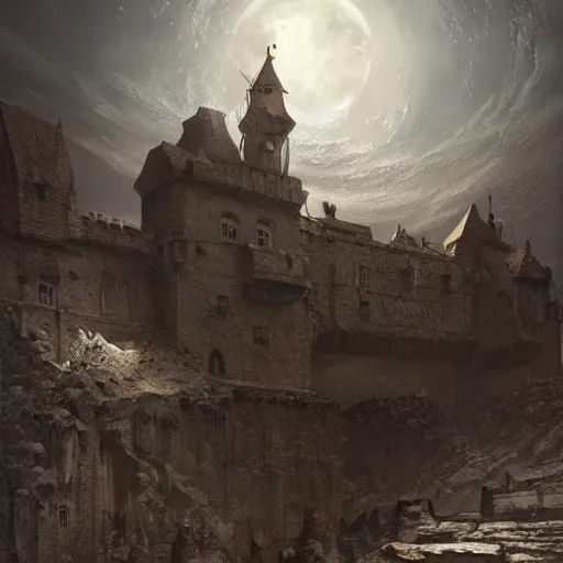 Image similar to hyperrealist portrait of a medieval castle on the Moon by Cedric Peyravernay, highly detailed, excellent composition, cinematic concept art, dramatic lighting