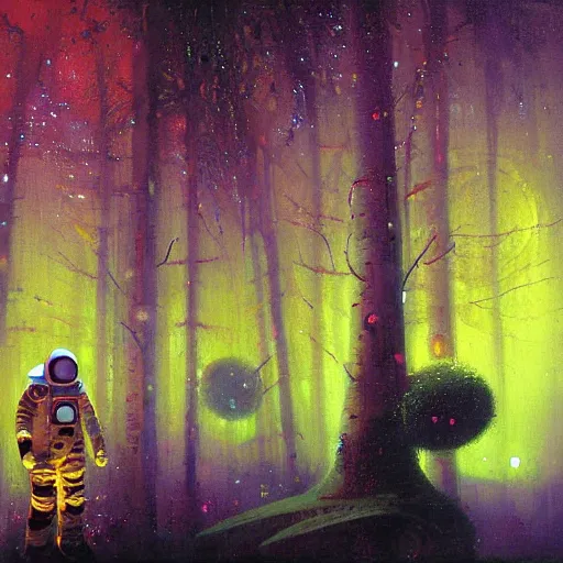 Prompt: a painting of an astronaut in a futuristic enchanted forest by paul lehr