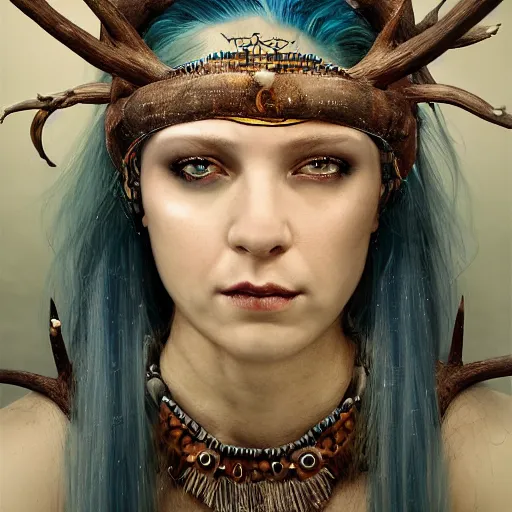 Image similar to A young female shaman, blue hair and antlers on her head. blindfolded, heilung, in the style of Heather Theurer, headshot photoshoot, insanely detailed and intricate, beautiful, elegant, cinematic toplight, portrait, headroom, artstation, karol bak