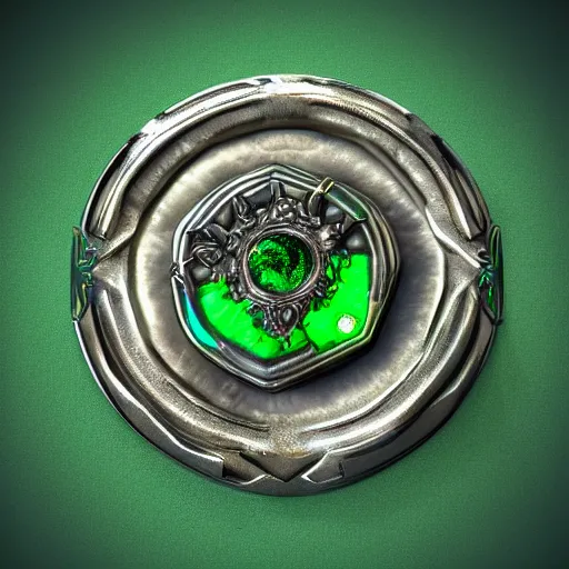 Image similar to epic metal amulet with a glowing emerald, highly detailed, concept art, beautiful, octane render, realistic, unreal engine, sharp focus