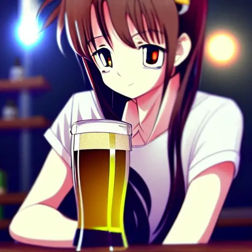 Image similar to Wholesome and masculine looking anime girl at a bar drinking a beer, warm glow from the lights, angle that looks up at her from below, deviantart, pixiv, detailed face, smug appearance, beautiful anime, detailed anime eyes with pupils, in the style of 90s anime, heavy focus on 90s and early 2000s style of anime, Sailor Moon style