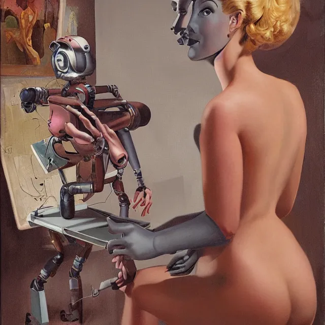 Image similar to robot artist painting a self - portrait on a canvas. detailed digital matte painting in the style of gil elvgren and in the style of wayne barlowe. irony, recursion, inspiration.