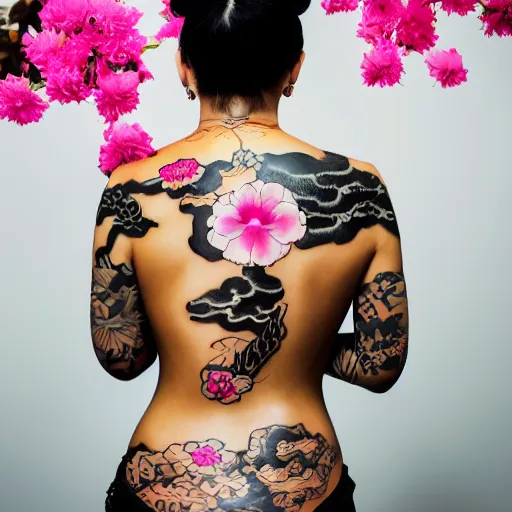 Image similar to photography of the back of a woman with a black detailed irezumi tatto representing a gold tiger with pink flowers on her entire back, dark hangar background, mid-shot, editorial photography