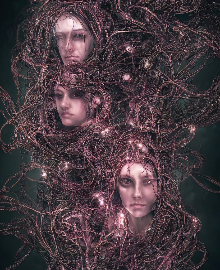 Prompt: beautiful portrait of the priestess of pain and sorrow, entangled in intricate tendrils, bio-mechanical cathedral, chaotic swirling ferrofluids, occult, octane render, glow, surreal dramatic lighting, intricate details and ornaments, 8k, cinematic, blur, shallow depth of field, neuro web, plasma, neon