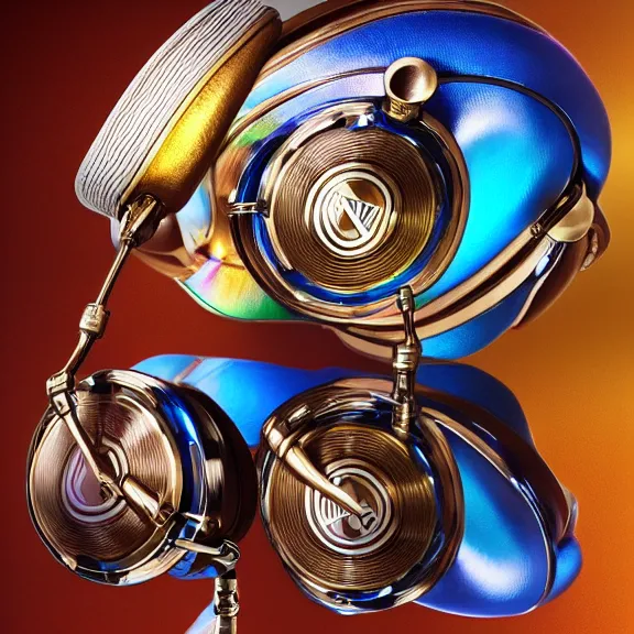 Image similar to masterpiece photo of beautiful crafted artistic bismuth metal headphones, bismuth rainbow metal, bismuth cups, leather padding, displayed on mahogany desk, modernist headphones, bismuth headphones beautiful well designed, hyperrealistic, audiophile, intricate hyper detail, extreme high quality, photographic, audeze, sennheiser, hifiman, artstation, abyssal audio