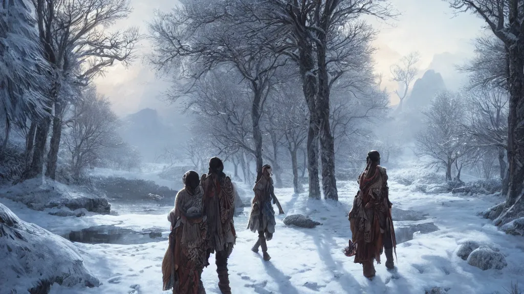 Image similar to highly detailed image of two indigenous travelers, walking in a line, traditional clothing, unreal engine, fantasy art by greg rutkowski, snowy mountains, lake, winter, hunter, by greg rutkowski, cgsociety, ferdinand knab, rossdraws, tom bagshaw, global illumination, radiant light, detailed and intricate environment