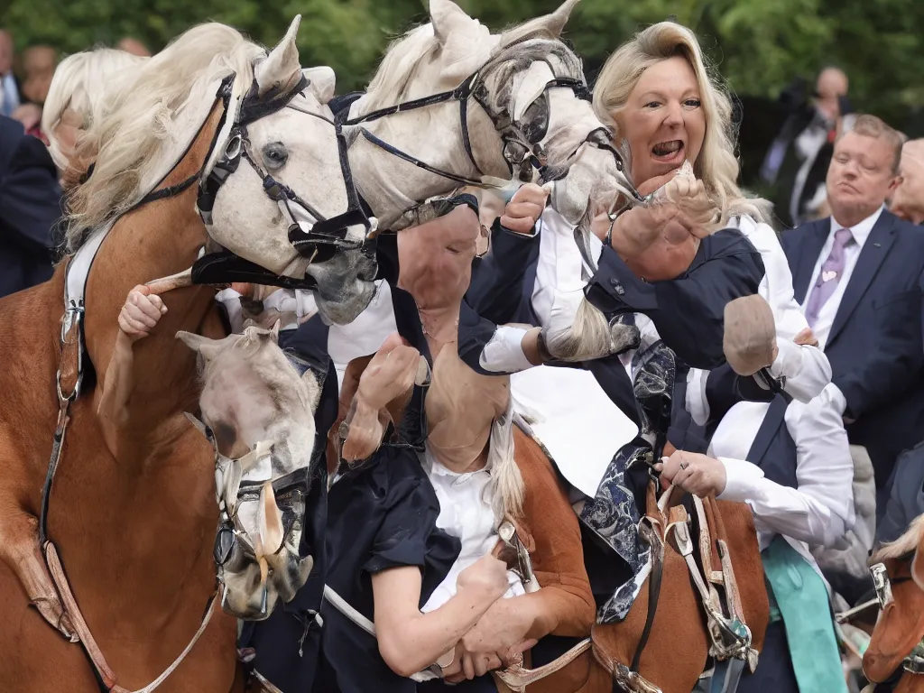 Image similar to liz truss inside a horse, her head visible in the horse's throat as it yawns