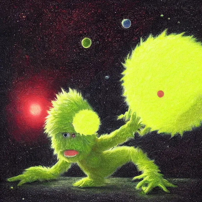 Image similar to cinematic portrait of a cute tennis ball monster in the abyss of space, chalk, masterpiece, trending on artstation, featured on pixiv, cinematic composition, dramatic pose, beautiful lighting, sharp details, hyper-detailed, HD, HDR, 4K, 8K, art by Basil Gogos