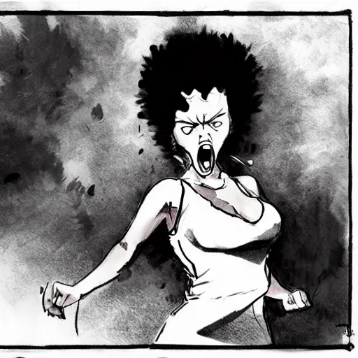 Image similar to scarlett johansson in a enraged drunken state, yelling at a teddy bear, afro samurai style, pencil and ink, greg rutkowski dynamic wide angle lens, dramatic lighting,
