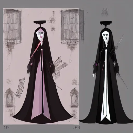 Image similar to female dark character design inspired by venice carnival and nun outfit, concept art, smooth