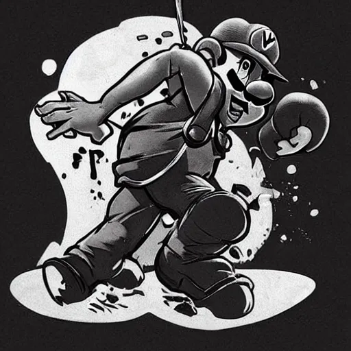 Image similar to mario stomping on a goomba, line art black and white, art by artgerm and greg rutkowski and alphonse mucha