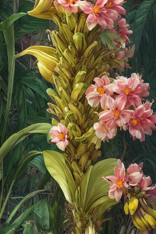 Image similar to ultra realistic illustration, banana plants close up drawing and colorful flowers, elegant, highly detailed, digital painting, concept art, smooth, sharp focus, illustration, art by greg rutkowski and alphonse mucha