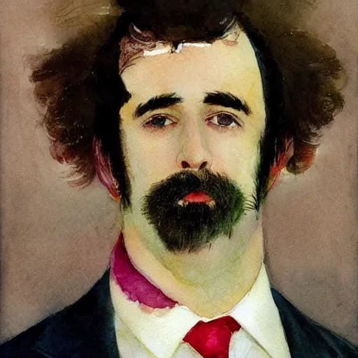 Image similar to Portrait of a handsome man with thick mutton chops. shaved chin, wearing a suit. colorful necktie, pale white face, long messy hair, long hair, ((red)) baggy eyes, tired eyes, tired face, disco smile, watercolor, brushstrokes, high detail, artstation, medium detail, by Ilya Repin and Dave McKean and Greg Rutkowski