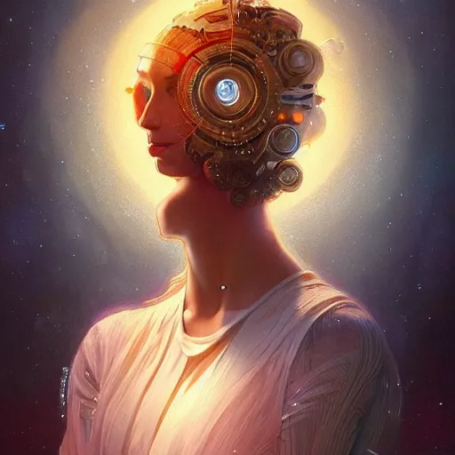 Image similar to portrait of a girl with the universe inside her head, filaments, surreal, intricate, headshot, highly detailed, digital painting, artstation, concept art, sharp focus, cinematic lighting, illustration, art by artgerm and greg rutkowski, alphonse mucha, cgsociety, science fiction