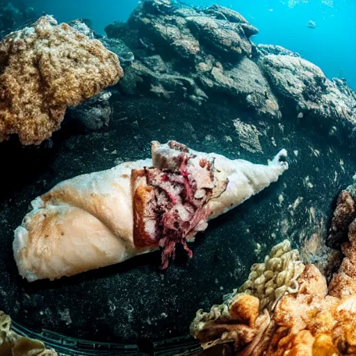 Image similar to an underwater photo of a battered fillet of cod lying on the seafloor