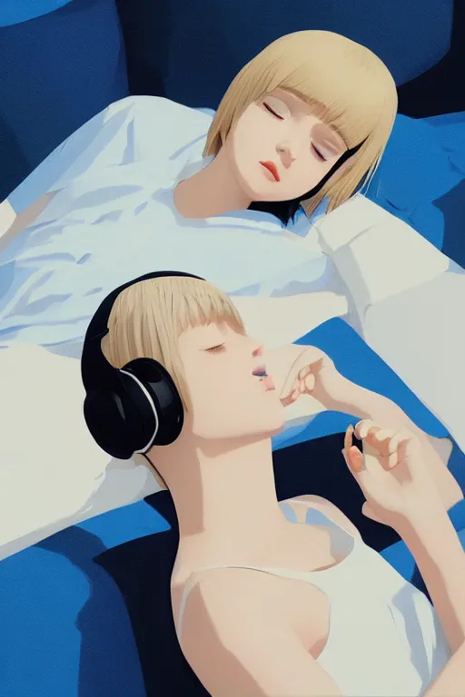 Prompt: a cute young woman lying on a couch while listening to music with her eyes closed and wearing headphones by Ilya Kuvshinov and Range Murata, white bob cut hair, blue filter, blue and white, soft lighting, atmospheric, cinematic, moody, digital painting, 8k