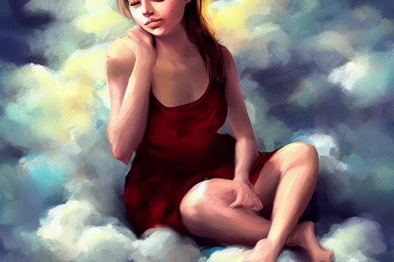 Image similar to a cute beautiful girl sitting on a cloud relaxing, digital painting, portrait