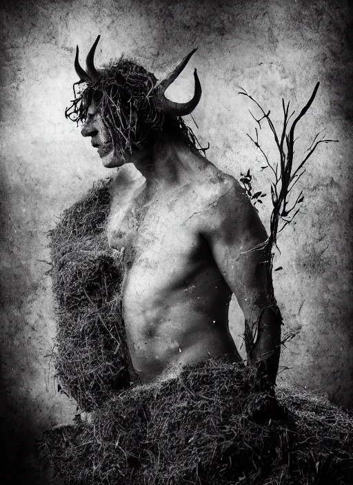 Image similar to mysterious and sensual scene of tyrolean farmer transforming into hay man with horns, roots and edelweiss growing out of the body 35mm double-exposure photo, palm body, deep shadows, german expressionism, noir, slightly colorful, photorealistic, detailed smoke, natural bones and skin, natural textures, depth of field, ambient occlusion, motion blur, HD, masterpiece, volumetric, chromatic aberration by Richard Avedon, style of Ade Santora, perfect composition, masterpiece, intricate detailed