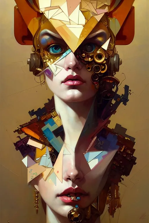 Image similar to portrait, patchwork doll, cyberpunk, elegant baroque, expressive, asymmetrical art, hyperrealism, colorful, vivid, imposing, epic, abstract texture, gold leaf texture, artstation, concept art, by peter mohrbacher and wlop and rhads and artgerm and magali villeneuve and alphonse mucha