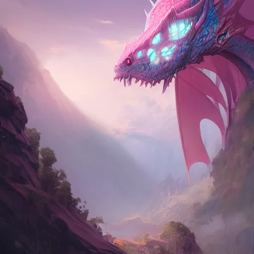 Prompt: concept art, matte painting of a magical pink dragon with fantasy light blue eyes, detailed portrait, high quality, 8 k hd, greg rutkowski, rossdraws, thomas kinkade, trending on artstation, deviantart, pixiv