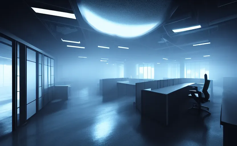 Image similar to office, horror scene, fluorescent lighting, eerie volumetric lighting, futuristic atmosphere, intricate, detailed, photorealistic imagery, artstation