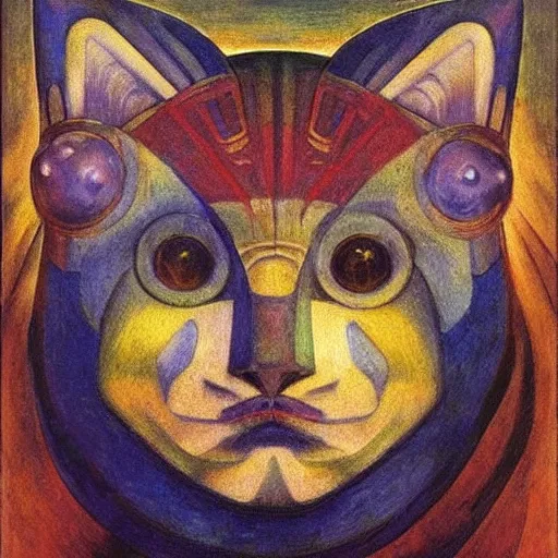 Prompt: masterpiece painting of a robot cat head, by annie swynnerton and diego rivera and nicholas roerich and jean delville, symbolist, dramatic lighting, god rays, elaborate geometric ornament, art brut, rich colors, smooth, sharp focus, extremely detailed, adolf wolfli and ( donato giancola )