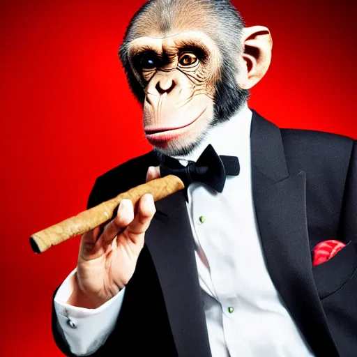 Image similar to A photograph of a chimp godfather, wearing a tuxedo, smoking cigar, dark background, studio lighting