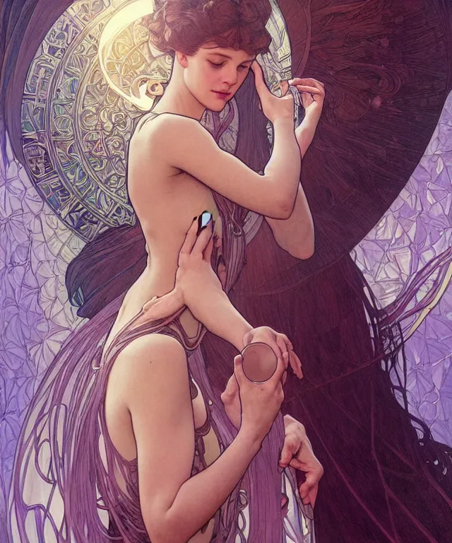 Image similar to beatiful woman looking at her self in a mirror and is seeing an angelic version of her self, dark surrealism , scifi, intricate, elegant, highly detailed, artstation, concept art, smooth, sharp focus, illustration, art by artgerm and moebius and alphonse mucha