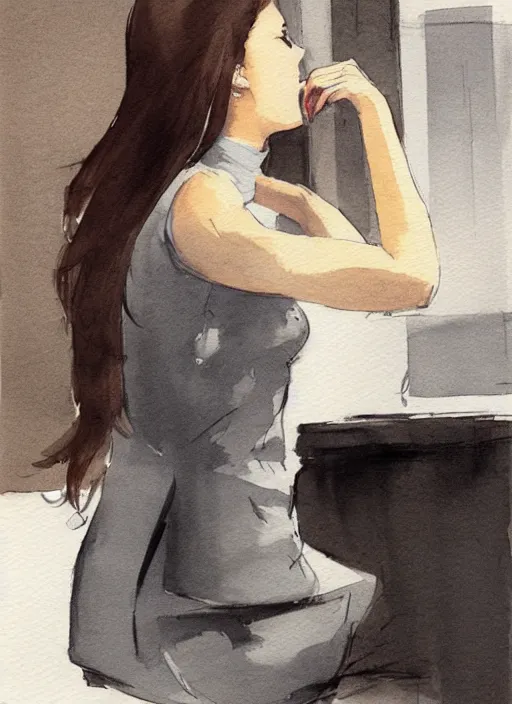 Image similar to concept art of a modern office life, young attractive business woman in pencil miniskirt and sleeveless turtleneck, pinterest, artstation trending, behance, watercolor, by coby whitmore, silver, laser light,