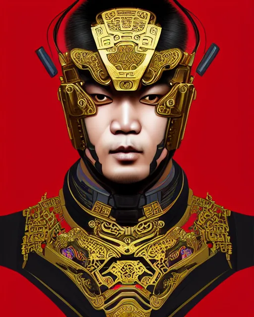 Image similar to portrait of a chinese masculine male cyberpunk machine, machine face, upper half portrait, decorated with chinese opera motifs, muscular, asian, fine china, wuxia, traditional chinese art intricate intense elegant 京 剧 highly detailed symmetry headpiece digital painting artstation concept art smooth sharp focus illustration, art by artgerm and greg rutkowski alphonse mucha 8 k