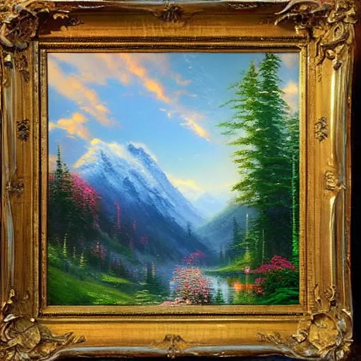 Prompt: the most beautiful landscape you've ever seen, Bob Ross, Thomas Kinkade, oil on canvas