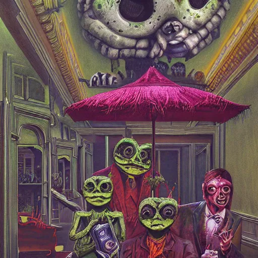 Prompt: a hyperrealistic painting of a haunted hotel lobby with pepe the frog and spooky maids and clerk, cinematic horror by chris cunningham, lisa frank, richard corben, highly detailed, vivid color, beksinski painting, part by adrian ghenie and gerhard richter. art by takato yamamoto.