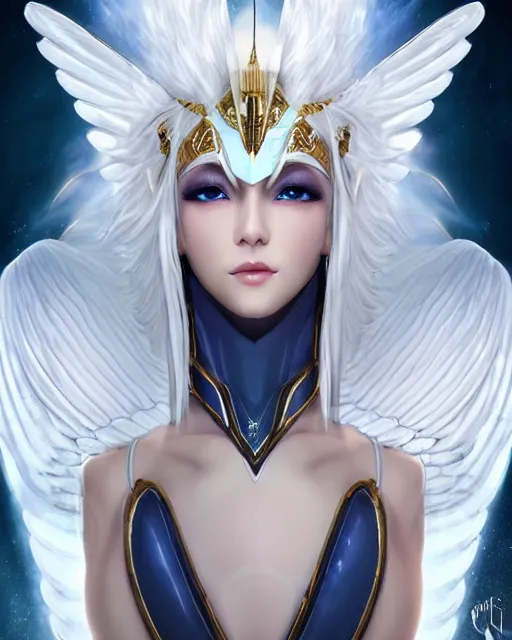 Image similar to perfect white haired egyptian goddess wearing white dove wings, warframe armor, regal, attractive, ornate, sultry, beautiful, dreamy, half asian, pretty face, blue eyes, detailed, scifi platform, 4 k, ultra realistic, epic lighting, android body, illuminated, cinematic, masterpiece, art by akihito tsukushi, voidstar, artgerm