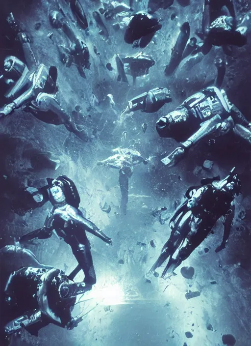 Image similar to astronauts selfie in dark void underwater - complex and hyperdetailed technical suit design. reflection and dispersion materials. rays and dispersion of light. volumetric light. f / 3 2. noise film photo. flash photography. ultra realistic, 5 0 mm. poster by wayne barlowe, hajime sorayama aaron horkey, craig mullins