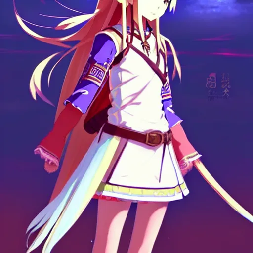 Image similar to a beautiful! young feminine link from botw, wearing japanese catholic school girl outfit with mayan pattern and native style, aztec street fashion, guilty gear art direction, perfect anime face, gapmoe yandere grimdark, trending on pixiv fanbox, painted by greg rutkowski makoto shinkai takashi takeuchi studio ghibli, akihiko yoshida