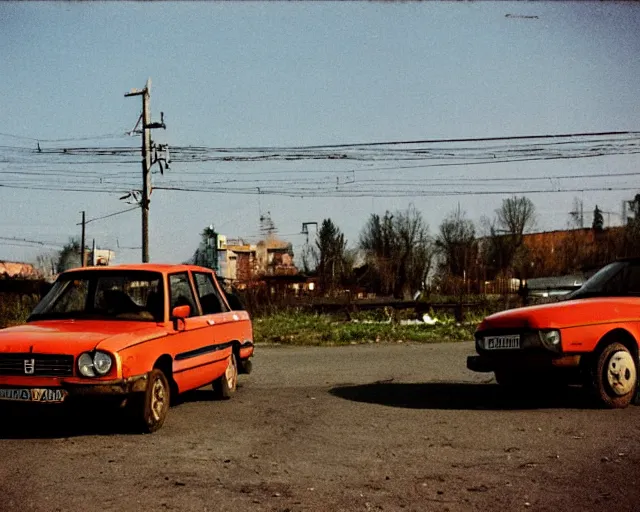 Image similar to a lomographic photo of old lada 2 1 0 7 standing in typical soviet yard in small town, hrushevka on background, cinestill, bokeh