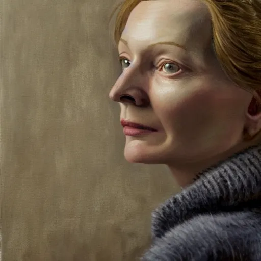 Prompt: high quality high detail painting by lucian freud, hd, cate blanchette thinking deeply, photorealistic lighting