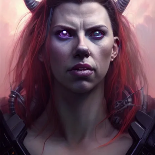 Image similar to portrait painting of a cyberpunk orc doctor extremely muscular ugly scarlett johansson with two big boar tusks, ultra realistic, concept art, intricate details, eerie, highly detailed, photorealistic, octane render, 8 k, unreal engine. art by artgerm and greg rutkowski and charlie bowater and magali villeneuve and alphonse mucha