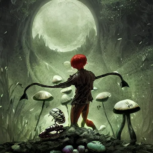Image similar to A scary godlike fairy killing a frog. award winning. superb resolution. in the art style of junji Ito and greg rutkowski . Detailed Mushroom city in background. Hyper realistic anime. Perfect art. Dalle2