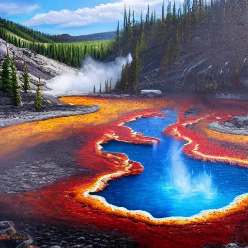 Image similar to highly detailed oil painting of a black dragon in the middle of a colorful hotspring at yellowstone national park, featured on artstation